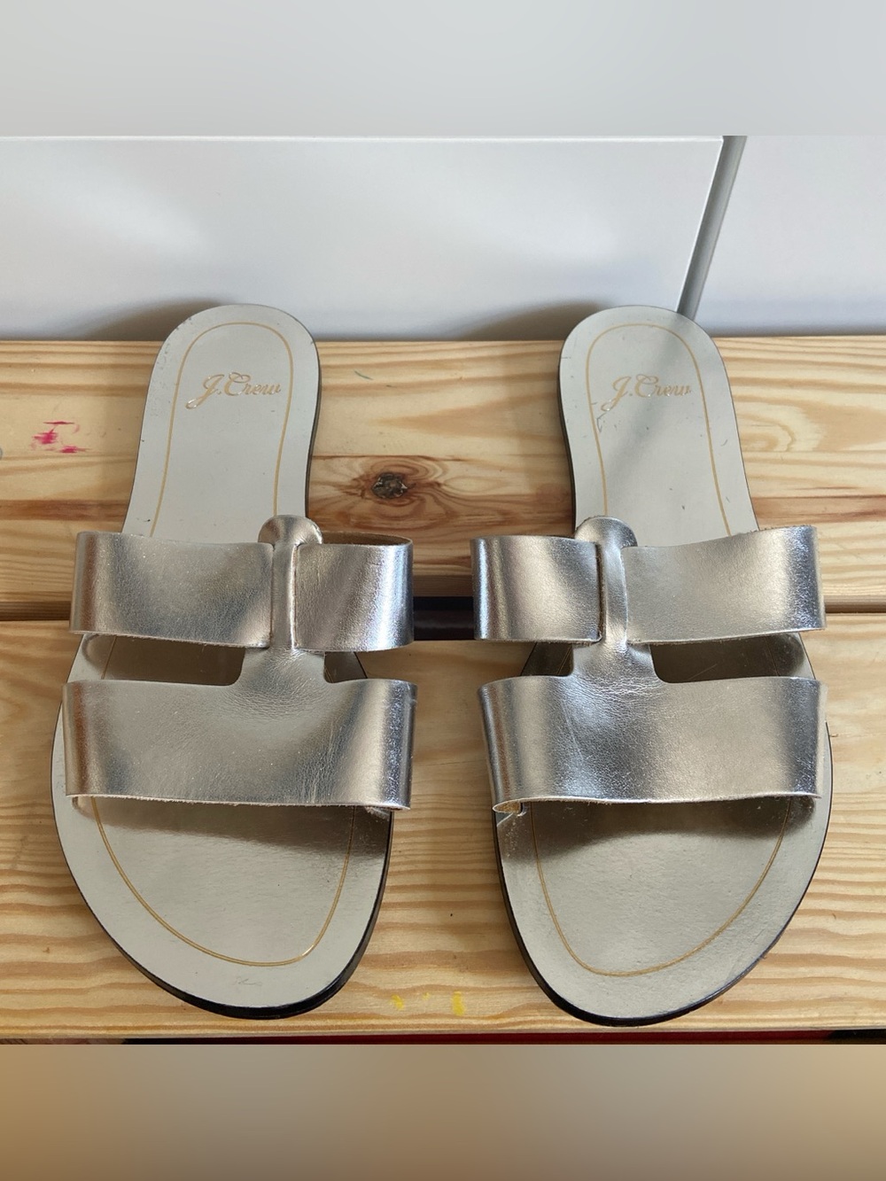 J. Crew Silver Metallic Double-strap Slide Sandals